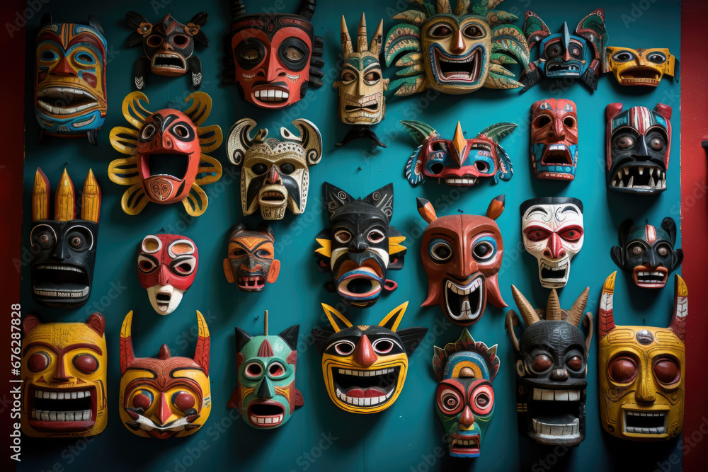 Colorful wooden masks and handicrafts on sale at shop