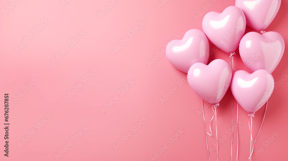 a heart shaped pink color balloons isolated on a pink background copy space for text, birthday celebration.