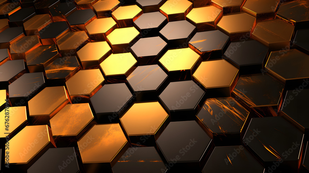 Abstract futuristic luxurious digital geometric technology hexagon background banner illustration 3d - Glowing gold marble texture. Generative Ai. Abstract futuristic luxurious digital geometric technology hexagon background banner illustration 3d - Glowing gold marble texture. Generative Ai.