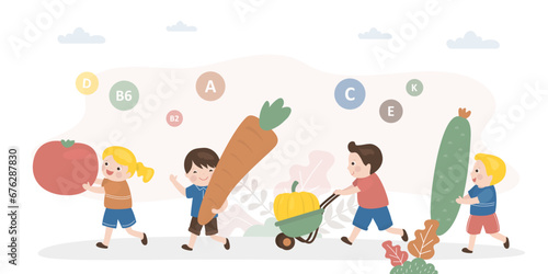 Group of happy children carrying vegetables for eating. Multiethnic kids characters holds different healthy food. Vegetarian nutrition with large amounts vitamins. Good crop.