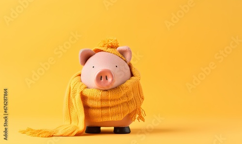 A piggy bank money box wrapped up warm with a scarf on yellow background. Winter season heating bills, Heat saving, heating prices. Thermal insulation of building or dwelling, copy space for text photo