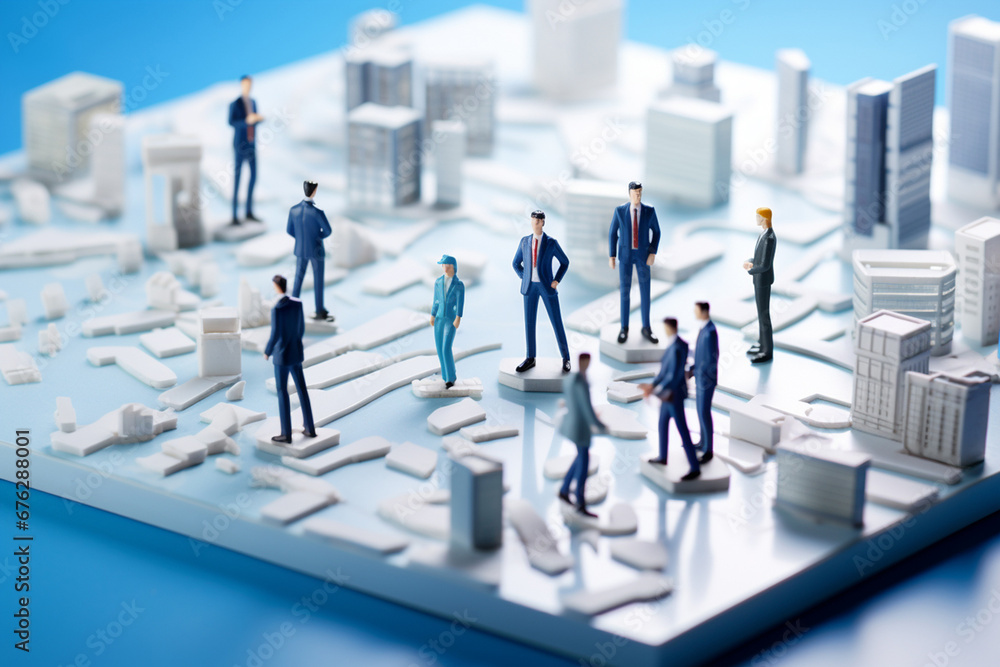 Tiny business figures engage in a focused meeting, showcasing teamwork and collaboration. Ideal for concepts related to teamwork and professional collaboration. Generative AI.