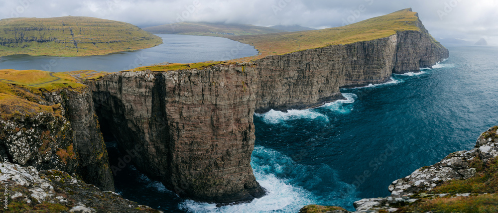 Sorvagsvatn lake on cliffs of Vagar island in sunset time, Faroe ...
