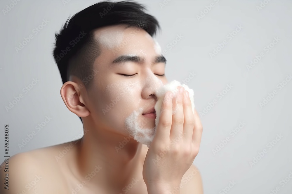 Happy man washing face sponge at morning. Healthy fresh morning soft portrait. Generate Ai Happy man washing face sponge at morning. Healthy fresh morning soft portrait. Generate Ai