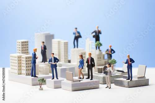 Tiny business figures engage in a focused meeting, showcasing teamwork and collaboration. Ideal for concepts related to teamwork and professional collaboration. Generative AI.