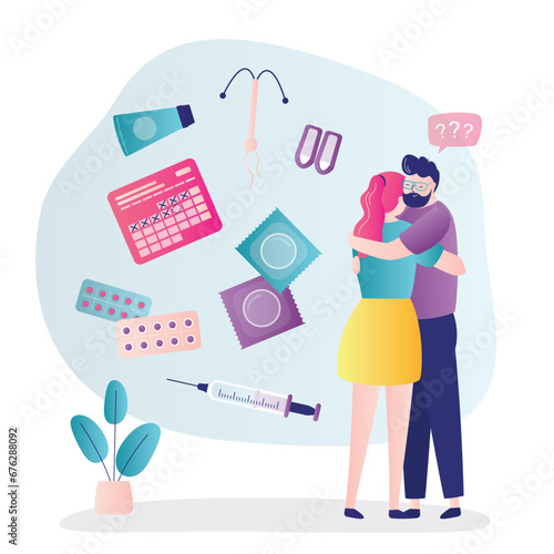 Love couple hugging. Man and woman are thinking about contraception method. Educational poster about contraception. Family planning. Birth control.