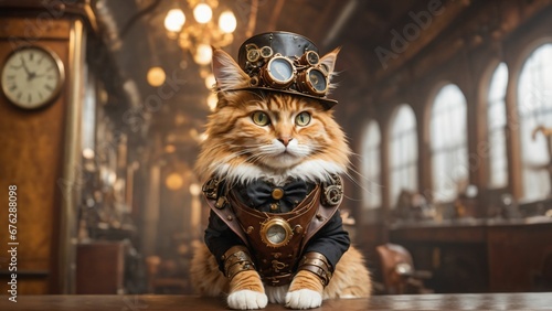 Steampunk style cat, wearing a hat. Pet portrait