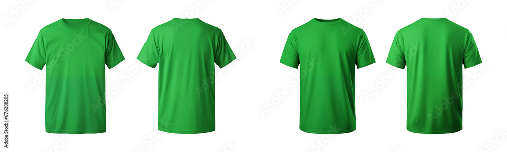 realistic set of male green t-shirts mockup front and back view isolated on a transparent background, cut out realistic set of male green t-shirts mockup front and back view isolated on a transparent background, cut out