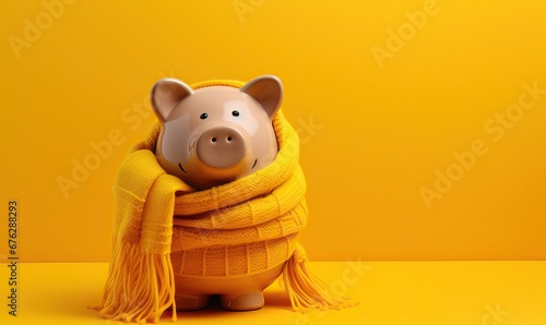 A piggy bank money box wrapped up warm with a scarf on yellow background. Winter season heating bills, Heat saving, heating prices. Thermal insulation of building or dwelling, copy space for text photo