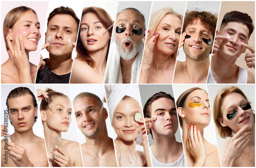 Young and mature people taking care after skin condition, using beauty products for healthy well-kept skin look. Treatment and health. Concept of skincare, natural beauty, cosmetology, cosmetics, ad photo