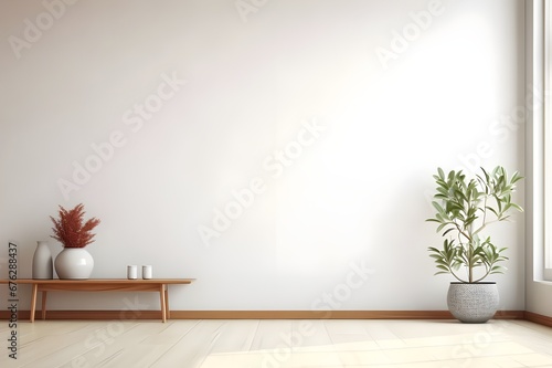 Interior of modern living room with white walls, tiled floor, wooden coffee table and armchair. 3d render