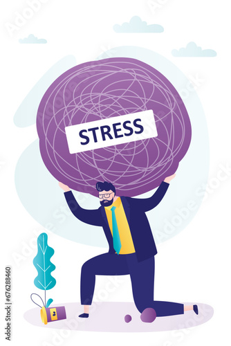 Stress, emotional pressure and workload. Worker man or businessman tries to lift giant stone of mental burden. Emotional workload is too heavy. Bad mood, negative emotions