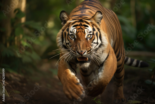 a tiger running to catch prey in jungle