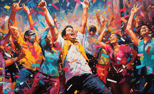 Lively and vibrant pop art scene capturing the joy and energy of dancing people during a festival.