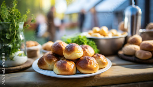Buns on the table in the beautiful light of a summer day. Nordic lifestyle. Space for copy