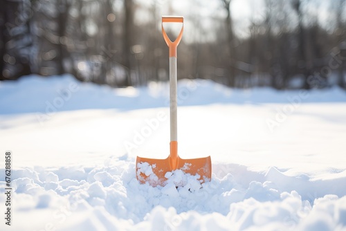 Close-up of a snow shovel clearing driveway, Winter service, snow maintenace, sweep snow from road in winter, Cleaning city streets, roads after snowstorm, Snow on a sunny frosty day.