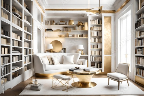 A sophisticated white and golden reading nook with smart furniture, set in a serene abstract library.