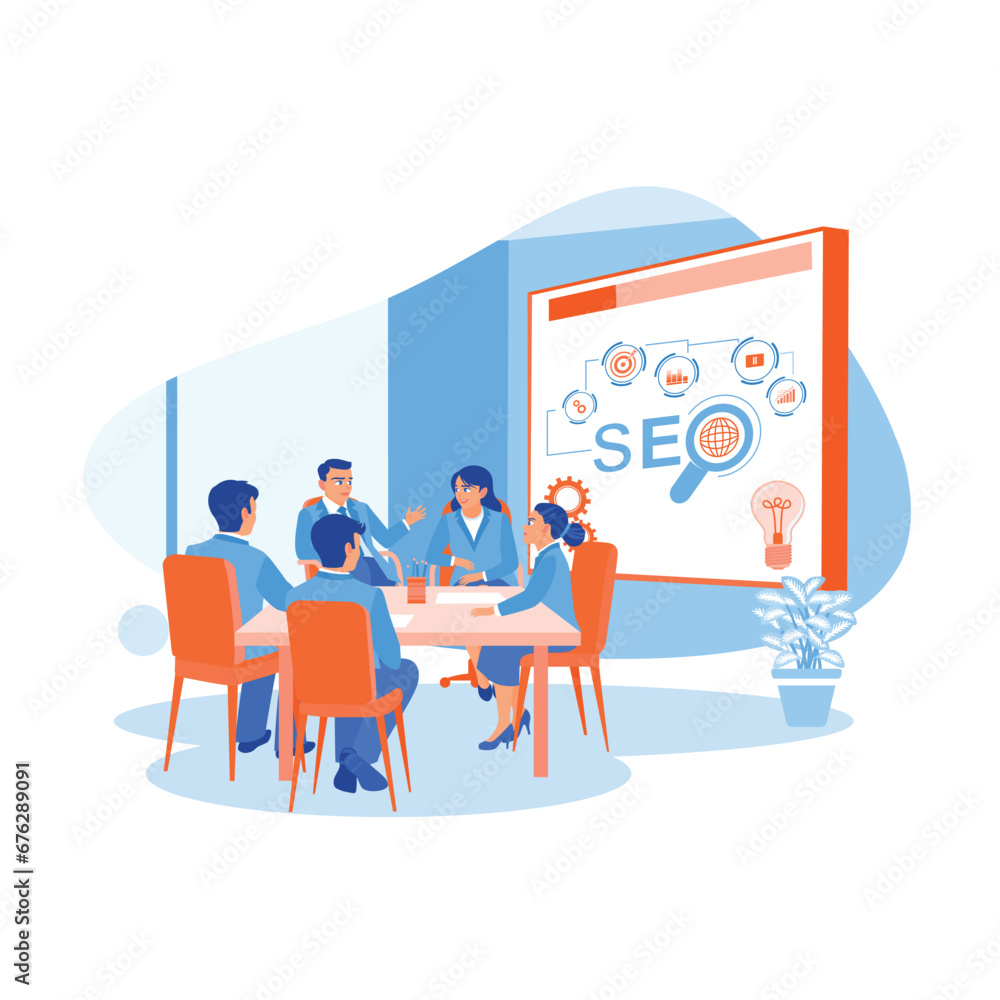 The manager and coworkers have a meeting in the office room. Manager briefs on SEO web optimization for online retail business. SEO concept. trend modern vector flat illustration