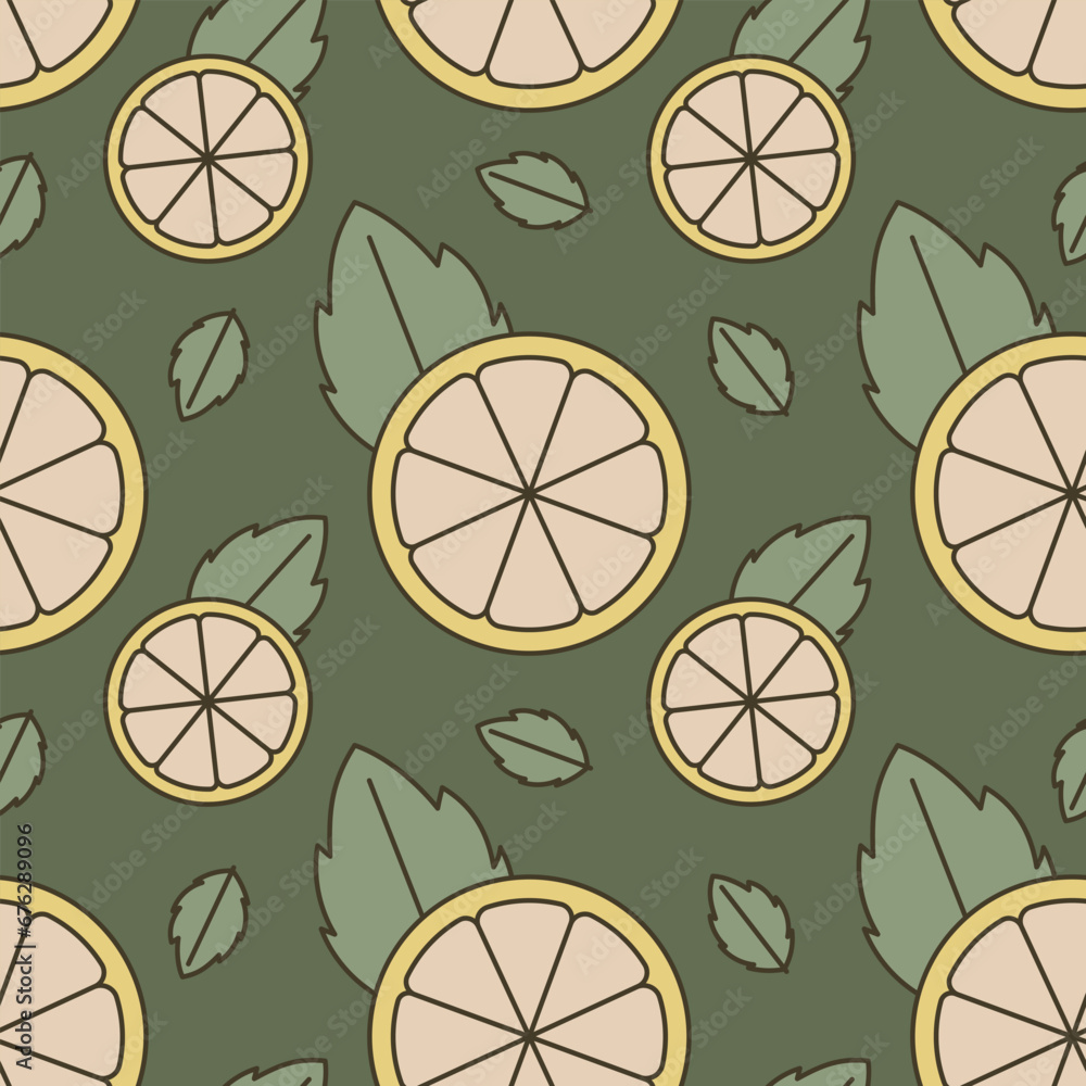 A slice of lemon or orange with a leaf. Vector seamless flat retro pattern.