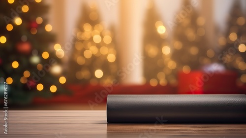 Close up of yoga mat with home festive decorated fairy bokeh lights, for Christmas, New Year. Healthy lifestyle, weight loss, New Year's resolution, Blurred de-focused garland lights, gold bokeh photo