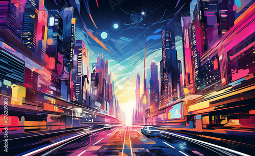 Pop Art depiction of a futuristic cityscape
