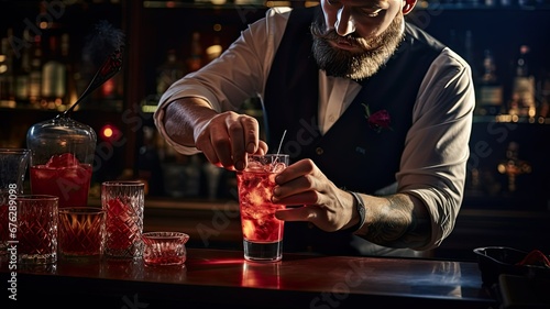 Mixologist preparing a red cocktail photo
