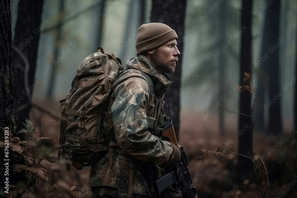 Man backpack camo in forest human. Wild shot bush soldier lifestyle. Generate Ai