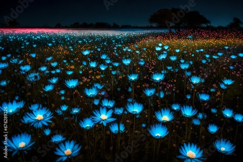 A field of vibrant, bioluminescent flowers swaying in the breeze, creating a breathtaking natural light show. © ALLAH LOVE