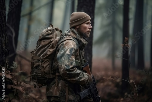 Man backpack camo in forest human. Wild shot bush soldier lifestyle. Generate Ai © nsit0108