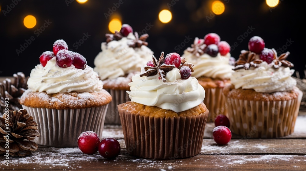 Variety of Christmas cupcakes with gingerbread, sugared cranberry and candied pecans Variety of Christmas cupcakes with gingerbread, sugared cranberry and candied pecans