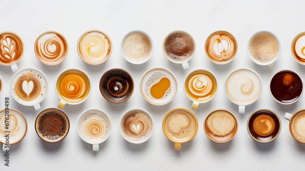 Multiple cups of coffee with variety of coffee drinks overhead view Multiple cups of coffee with variety of coffee drinks overhead view