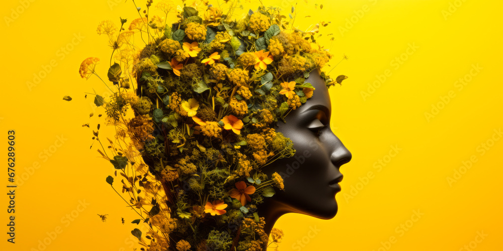 Harmonious Blend of Woman and Yellow Flora in Soft Light