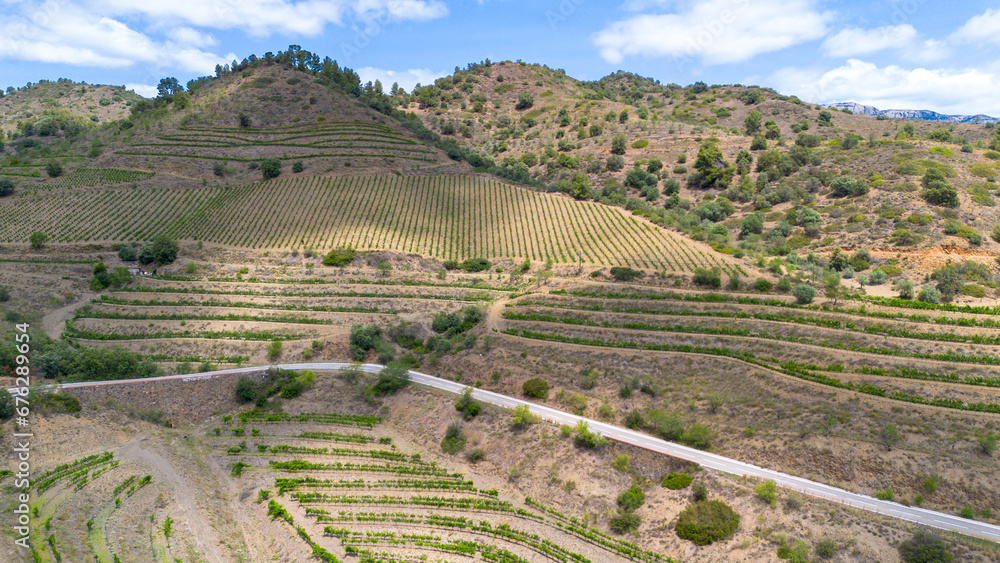 Aerial view of the vineyards of the Priorat wines denomination of origin region in the province of Tarragona in Catalonia Spain Aerial view of the vineyards of the Priorat wines denomination of origin region in the province of Tarragona in Catalonia Spain