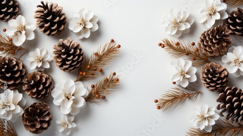 Christmas background featuring with fir branches, pine cones and lights. AI generated © PandaStockArt