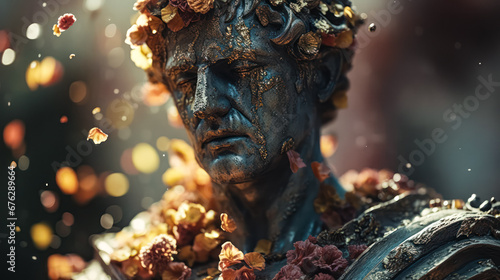 ancient roman antique statue of a handsome man, covered with flowers and gold, romantic, bokeh photo