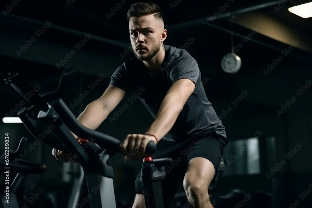 Man training fitness bike in gym. Athlete body exercise fit cardio. Generate Ai Man training fitness bike in gym. Athlete body exercise fit cardio. Generate Ai