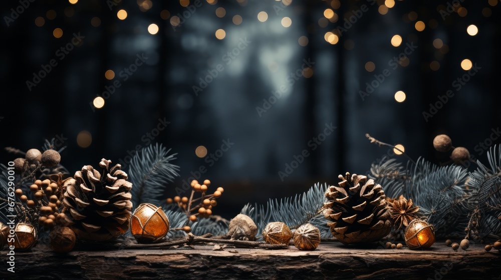 Christmas background featuring with fir branches, pine cones and lights. AI generated