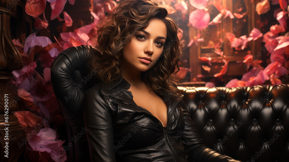 Where Edgy Meets Girly: Beautiful Woman in Leather against a Feminine Backdrop Where Edgy Meets Girly: Beautiful Woman in Leather against a Feminine Backdrop
