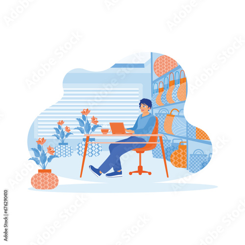 Young man working in front of laptop. The shop owner records sales results and stock items in the craft shop. Digital business concept. trend modern vector flat illustration