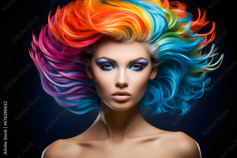 A fashion model with vibrant color hairstyle