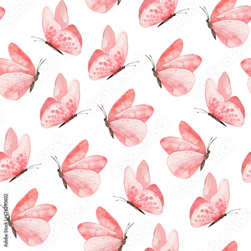 Seamless pattern with pink butterfly, watercolor painting, template for textile, wallpaper, paper. © Hanna