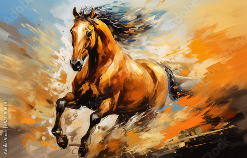 Watercolor painting of a horse galloping in the wind with an orange background
