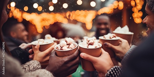 A joyful composition of People hands holding cups of hot cocoa with marshmallows, Close up of friends toasting with mug. Festive Christmas market bokeh lights, wide banner photo