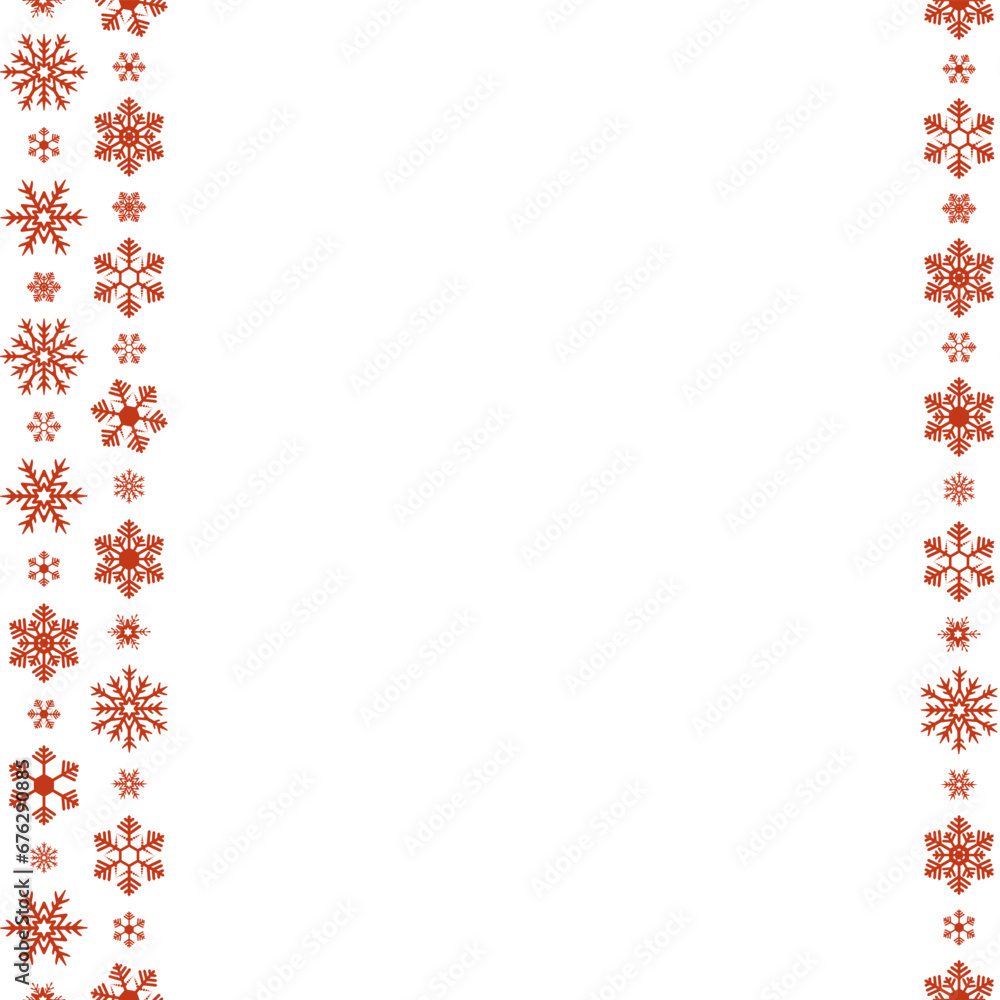 Snowflakes. Seamless vertical border. Repeating vector pattern. Isolated colorless background. Endless holiday ornament. Place for text. Delicate crystal background. Frostwork. Frozen star. 