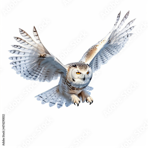 a snowy owl flying in the air with isolated background. Generated AI