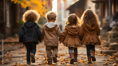 Group of young children walking together in friendship in school 
