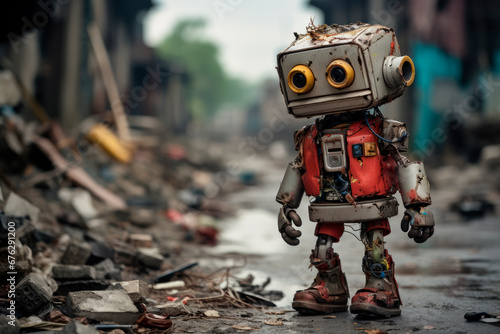 Cute funny robot made of garbage recycling waste. Recycling concept.