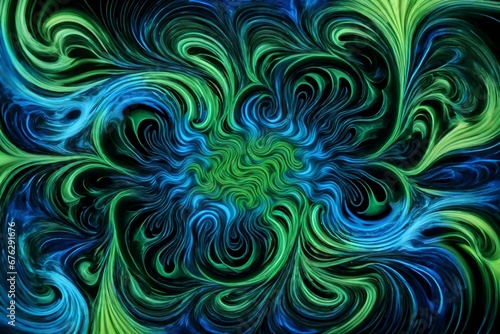 Hypnotic swirls of neon green and electric blue liquid merging in a cosmic dance