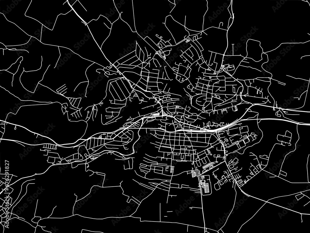 Vector road map of the city of Trebic in the Czech Republic with white roads on a black background.