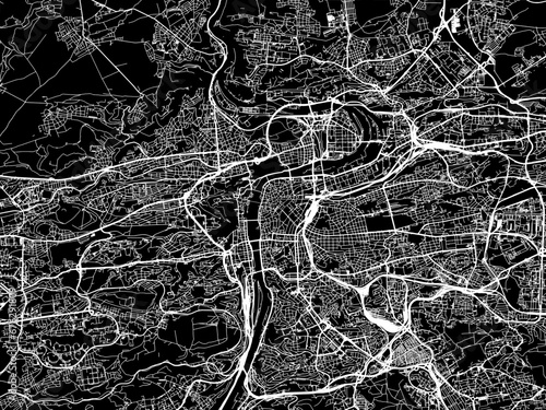 Vector road map of the city of Prague in the Czech Republic with white roads on a black background.